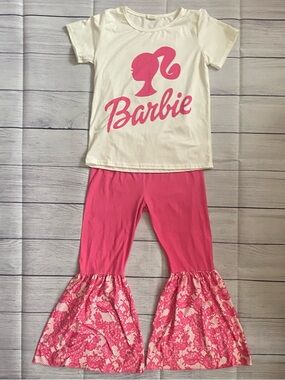 Barbie White Tee with Hot Pink Logo & Pink Ruffle Bell-Bottom  Set